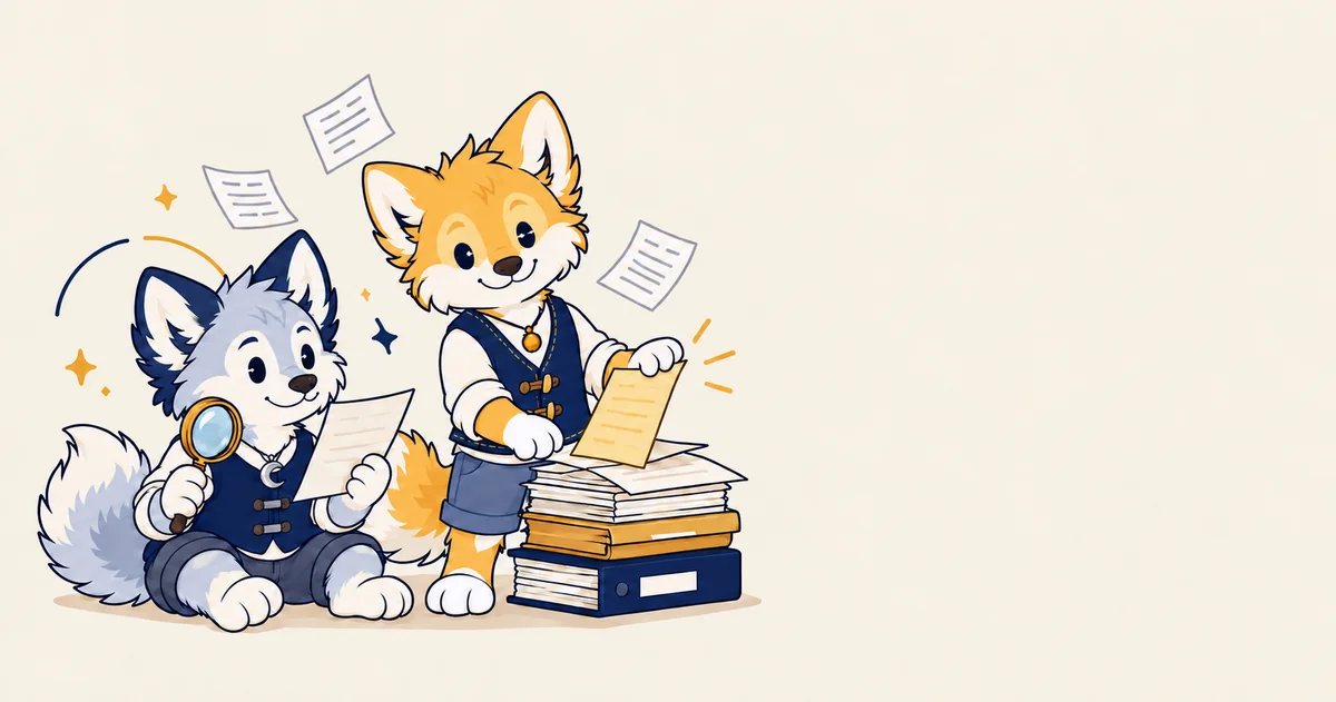 Hati, with a magnifying glass, reads a page while Sköll pulls a glowing page from a stack of files.