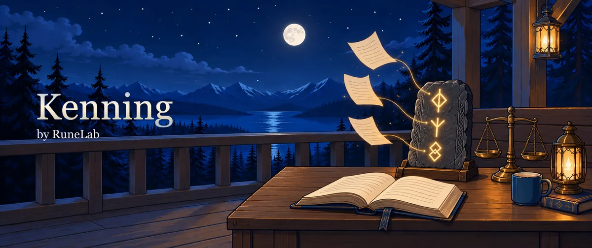 A moonlit balcony desk: three pages drift toward a carved rune stone beside an open book and a small pair of brass scales.